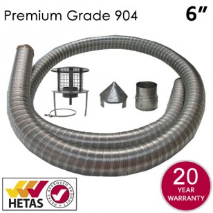 6" 904 Premium Grade Stainless Steel Flexible Flue Liner Pack with a Hanging Cowl