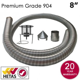 8" 904 Premium Grade Stainless Steel Flexible Flue Liner Pack with a Hanging Cowl